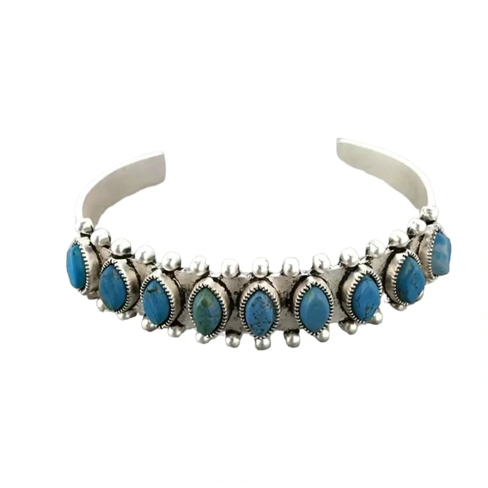 Boho Vintage Silver and Deep Blue Turquoise cuff Bracelet